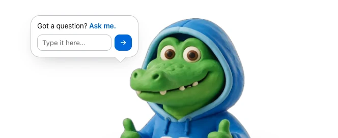 A friendly cartoon crocodile beside a chat box reading ‘Got a question? Ask me.’ with a box to type in.