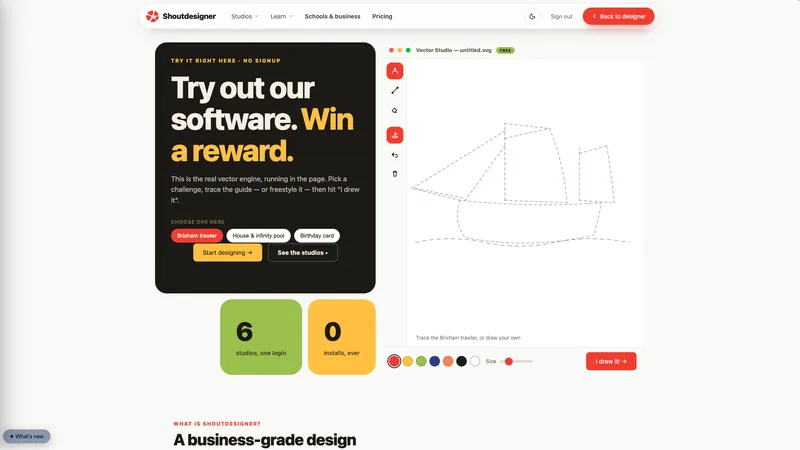 The ShoutDesigner home page, showing the in-page Vector Studio with a boat outline being traced.