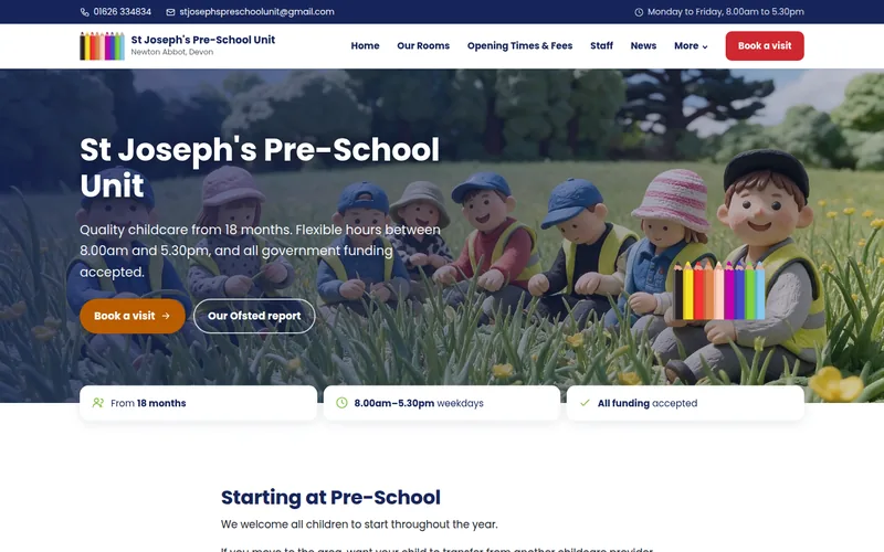 Home page of the new St Joseph&rsquo;s Pre-School Unit website, showing the hero image, booking button and opening times.