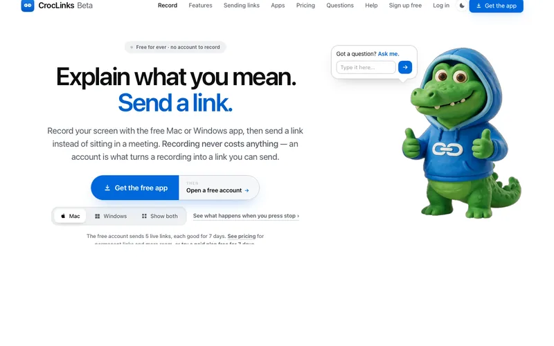 The CrocLinks website: the headline ‘Explain what you mean. Send a link.’ beside a cartoon crocodile mascot.