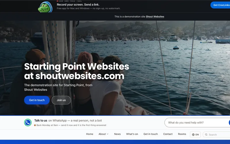 A Starting Point demonstration website: a full-width photographic hero, a WhatsApp help bar and a menu with News, What’s on and Rooms.